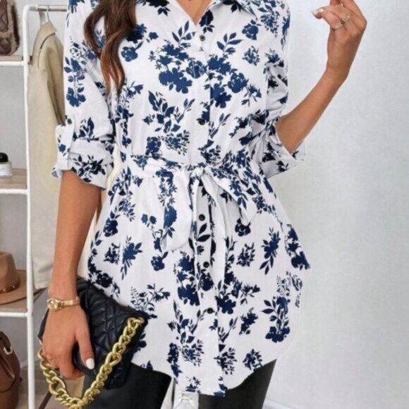 SHEIN Blue & White Floral Button-Down Tunic Top XL - Picture 1 of 10